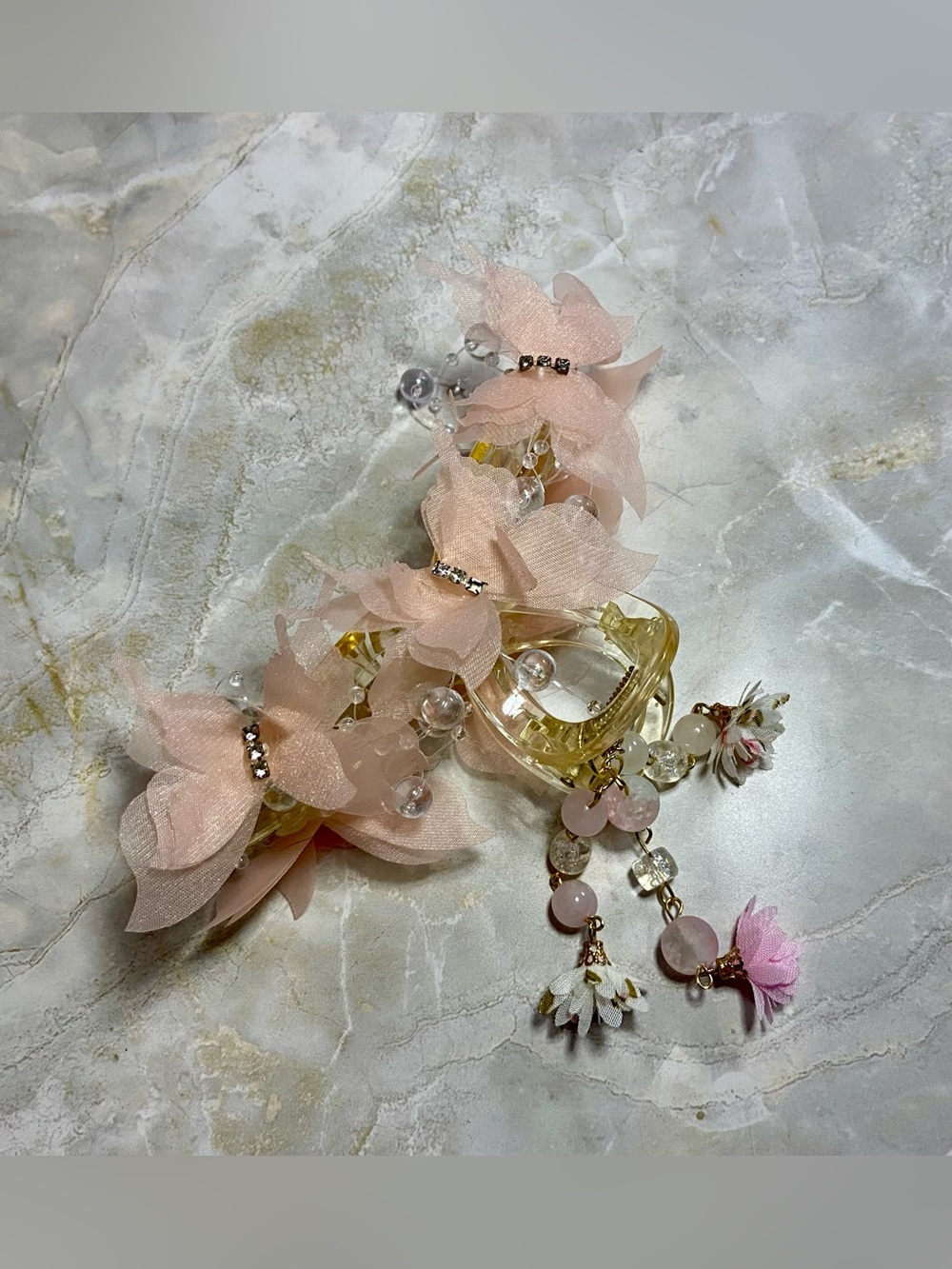Pink Floral Dangle Hair Claw with Crystal Accents